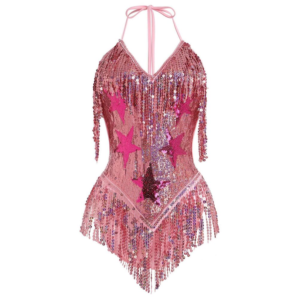 7344 Music Festival Rave Fringe Trim Sleeveless Sequins Tassel Bodysuit